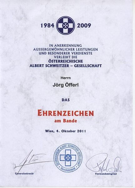 Verleihung des Ehrenzeichens am Bande der Österreichischen Albert Schweitzer Gesellschaft